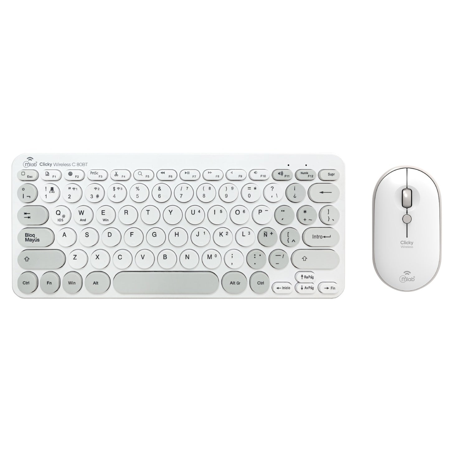 Kit Teclado + Mouse Mini Dual Bluetooth + 2.4ghz Clicky C80bt Mlab Mod 9741 Blanco
