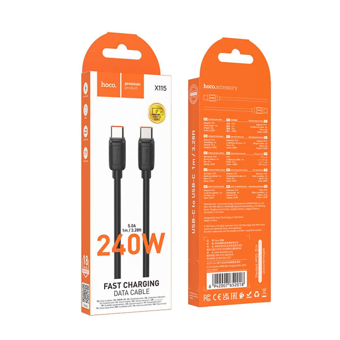 Cable Tipo C a Tipo C Hoco X115 1 Metro 240w Negro – imagen 2