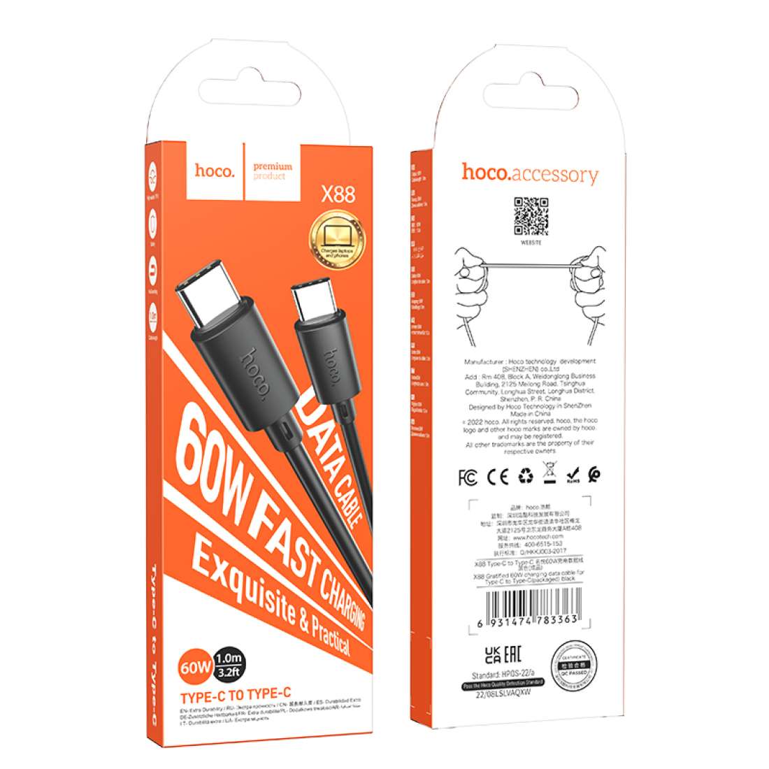 Cable Tipo C a Tipo C Hoco X88 1 Metro 60w Negro – imagen 3