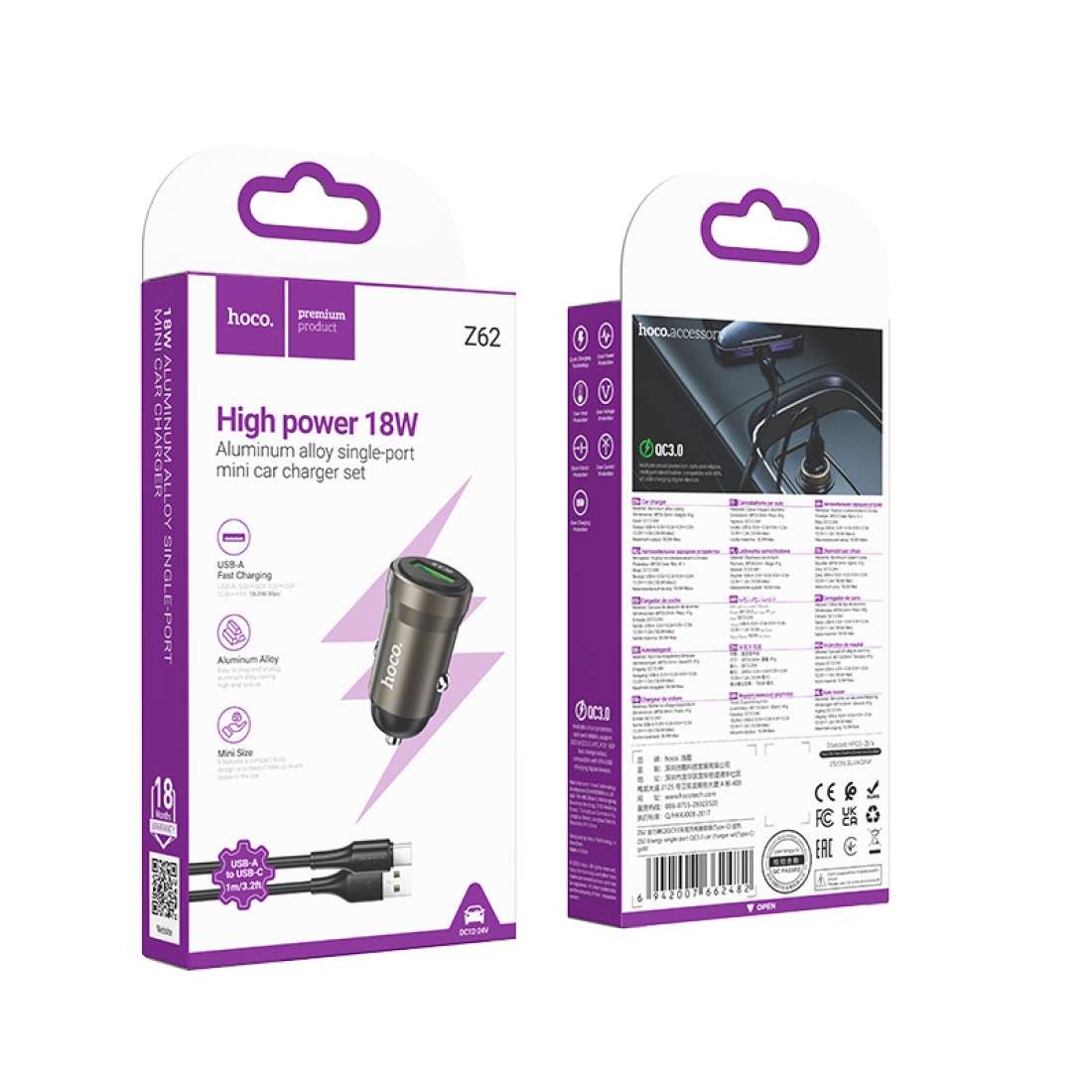 Cargador de Auto Hoco Z62 18w Puerto Usb + Cable Tipo C – imagen 3