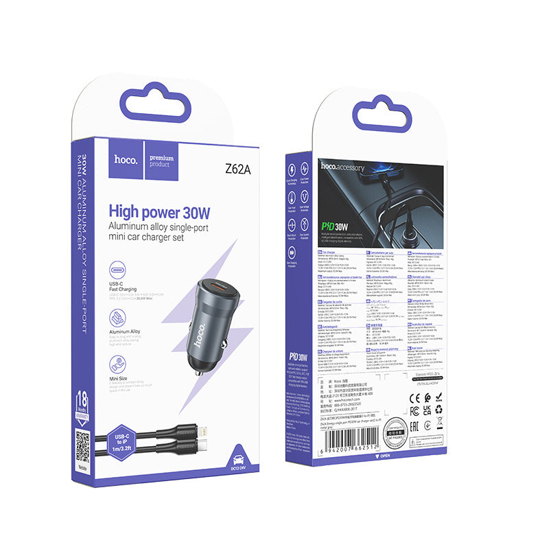Cargador de Auto Hoco Z62a 30w + Cable Para Lightning Gris – imagen 2
