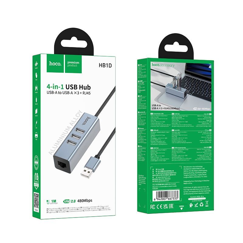 Adaptador Hub Hoco Hb1d Usb 4 en 1 Usb 2.0 + Rj45 Gris – imagen 3