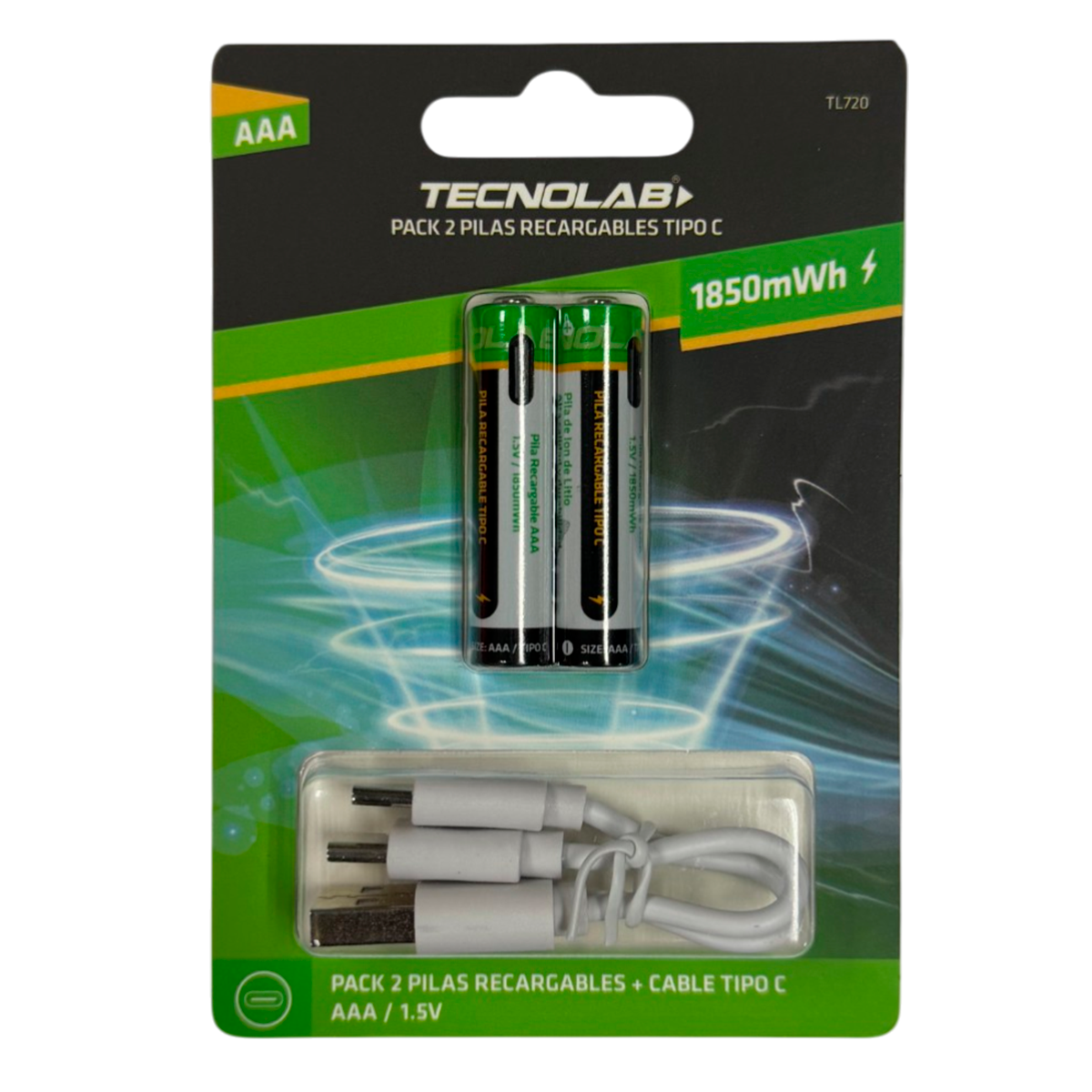 Pack 2 Pilas Recargables AAA Tecnolab Tl720 Tipo C + Cable Blanco