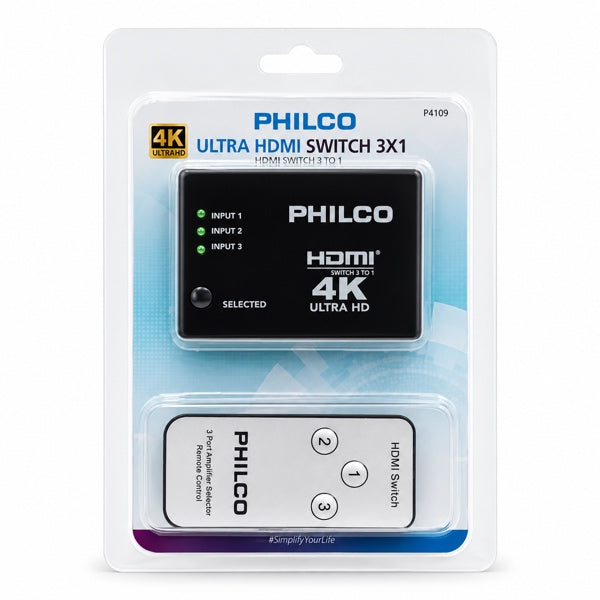 Switch HDMI Philco 3x1 4K con Control Remoto