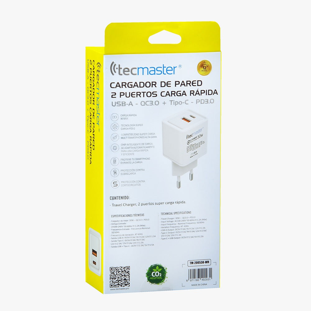 Cargador Tecmaster 30w Carga Rapida QC3.0 2 Puertos Blanco – imagen 5