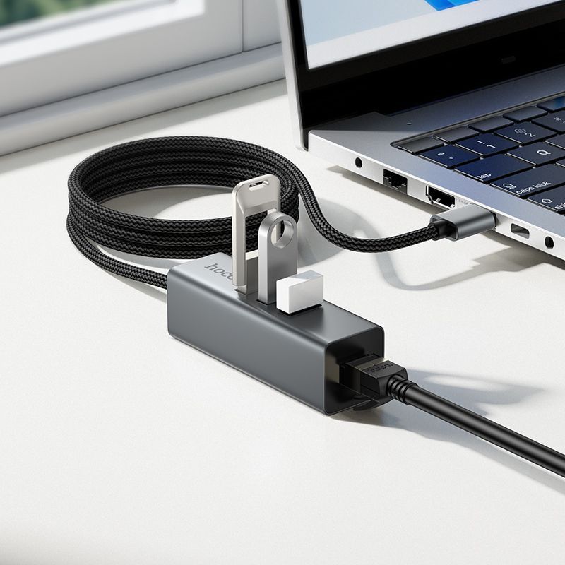 Adaptador Hub Hoco Hb1d Usb 4 en 1 Usb 2.0 + Rj45 Gris – imagen 2