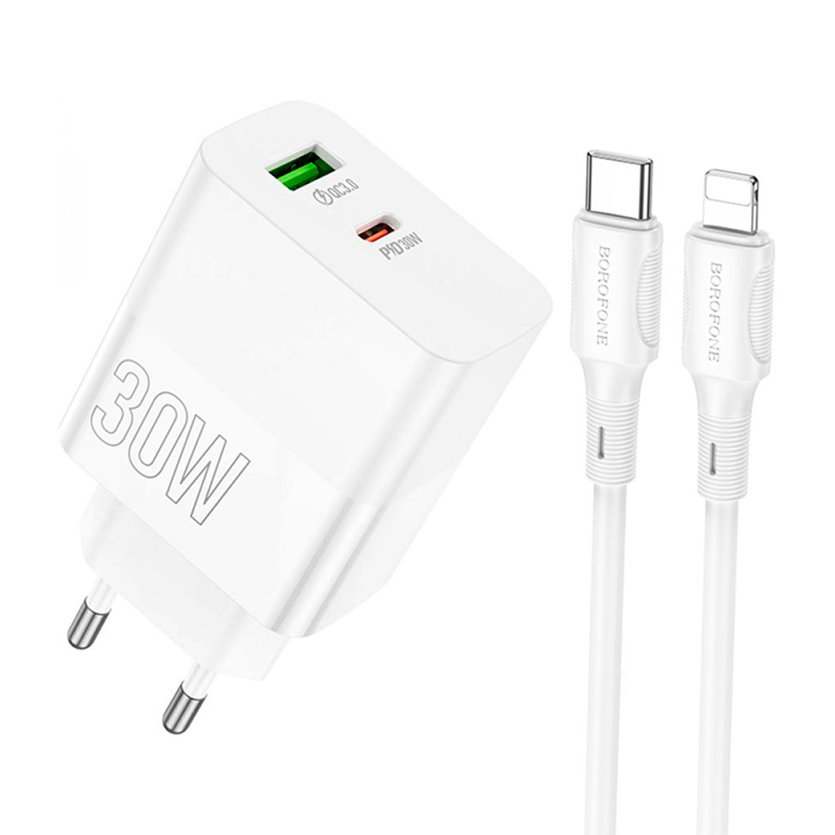 Cargador Borofone Ba75a 30w Qc 3.0 + Tipo C Para Iphone Blanco