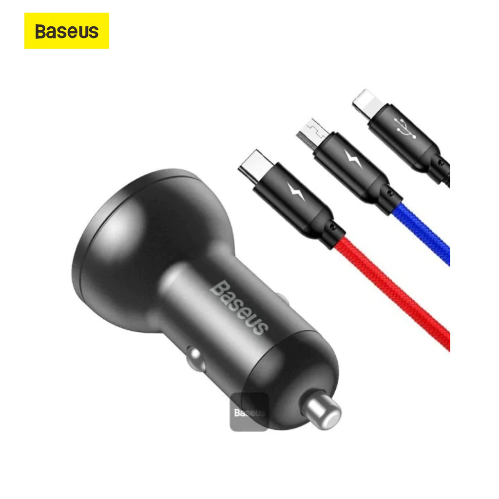 Cargador de Auto 2 Usb 4.8Amp 24W + Cable 3 en 1 Baseus Negro – imagen 2