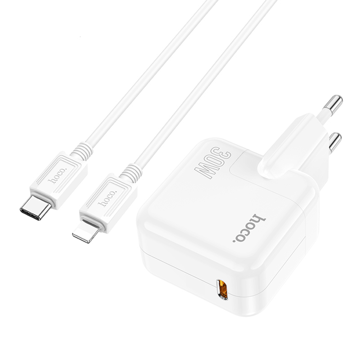 Cargador Hoco C112a 30w + Cable Tipo C a Lightning Blanco