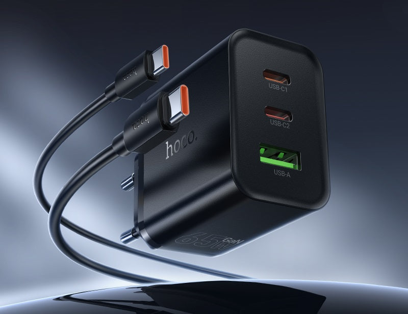 Cargador Carga Rapida Hoco N75 Triple 65w + Cable Tipo C Negro – imagen 2