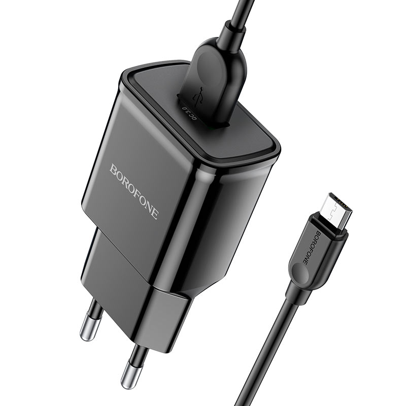 Cargador Borofone Ba59a 18w Usb Qc 3.0 + Cable Micro Usb Negro