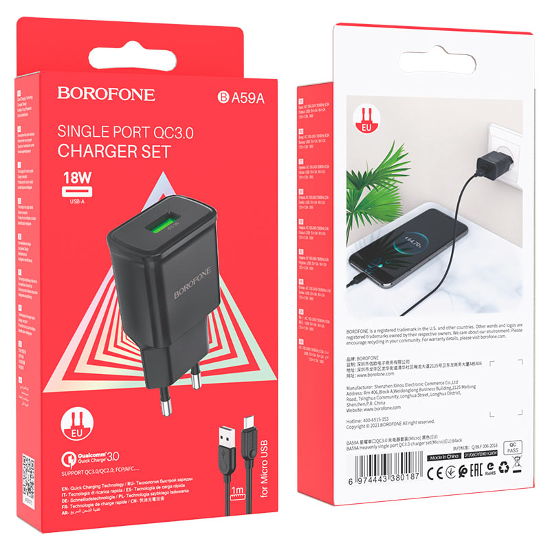 Cargador Borofone Ba59a 18w Usb Qc 3.0 + Cable Micro Usb Negro – imagen 2