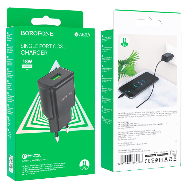 Cargador Borofone Ba59a 18w Usb Qc 3.0 Negro – imagen 3