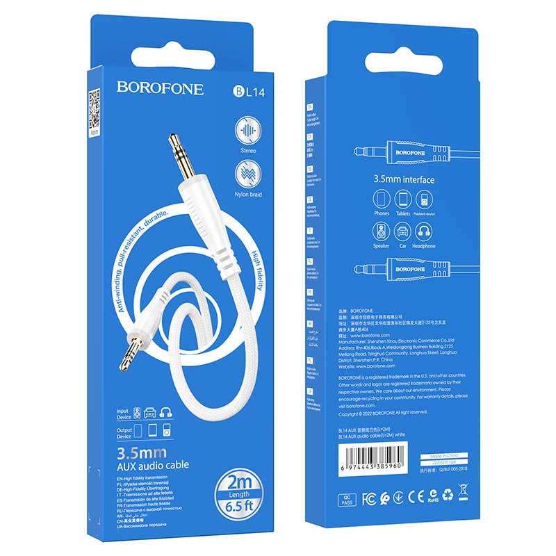 Cable Auxiliar 3.5mm a 3.5mm Borofone bl14 2 Metros Blanco – imagen 3
