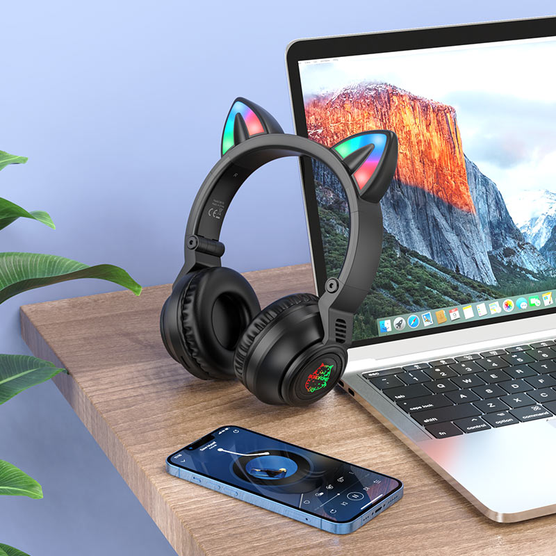 Audífonos Bluetooth Borofone Bo18 Oreja de Gato Led Negro – imagen 2