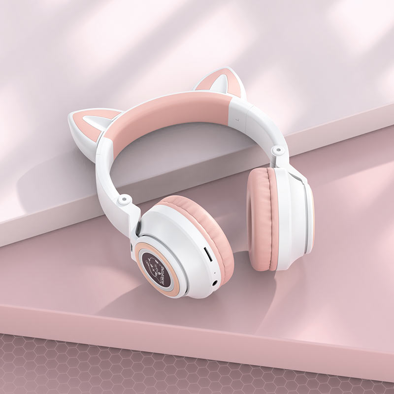 Audífonos Bluetooth Borofone Bo18 Oreja de Gato Led Rosado – imagen 2