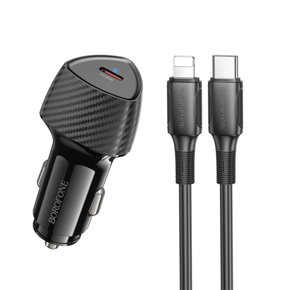 Cargador de Auto Borofone Bz31b 30w + Cable Tipo C A Lightning