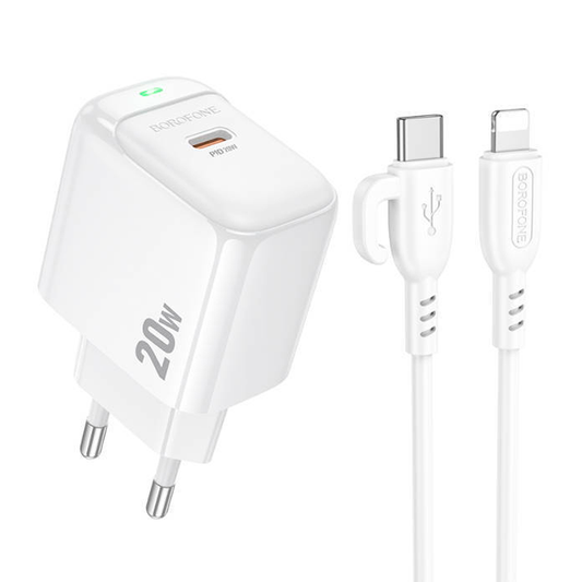 Cargador Borofone Bas43a 20w Tipo C + Cable Lightning Blanco