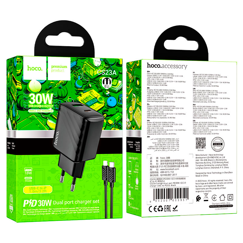 Cargador Carga Rapida Hoco Cs23a 30w Dual + Cable Tipo C a Lightning – imagen 2