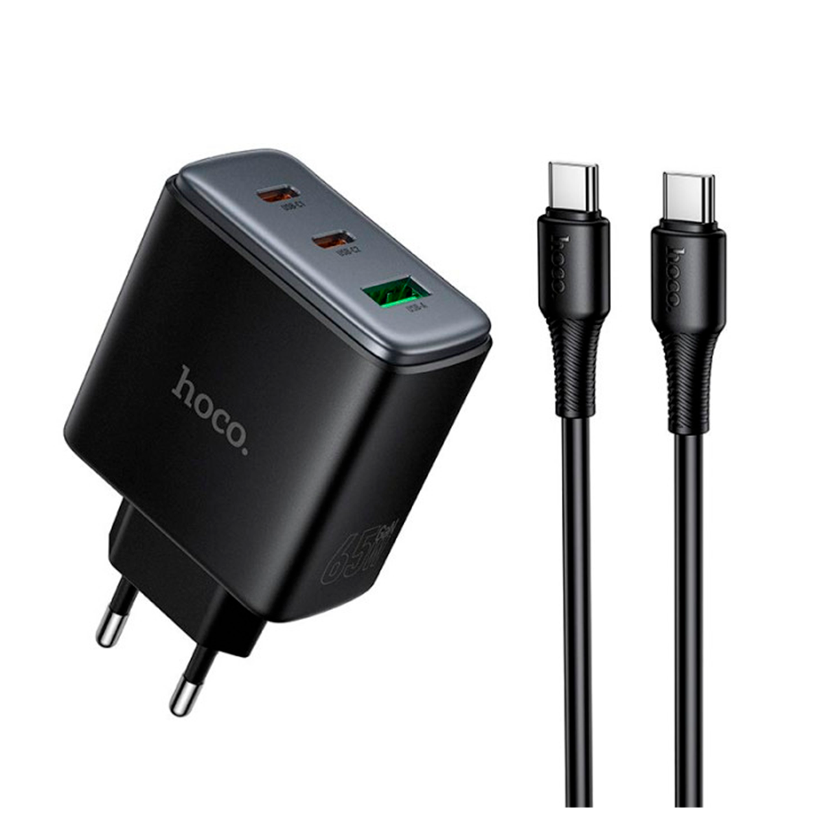Cargador Carga Rapida Hoco C160a 65w Triple + Cable Tipo C Negro