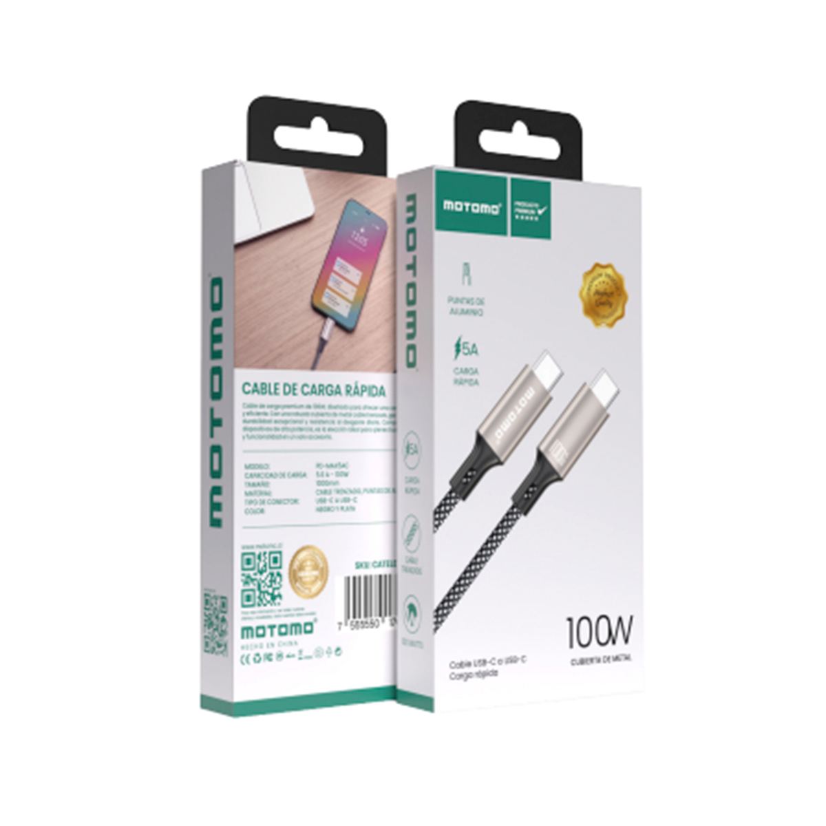 Cable Tipo C a Tipo C 100w Motomo Trenzado 1 Metro Gris – imagen 3
