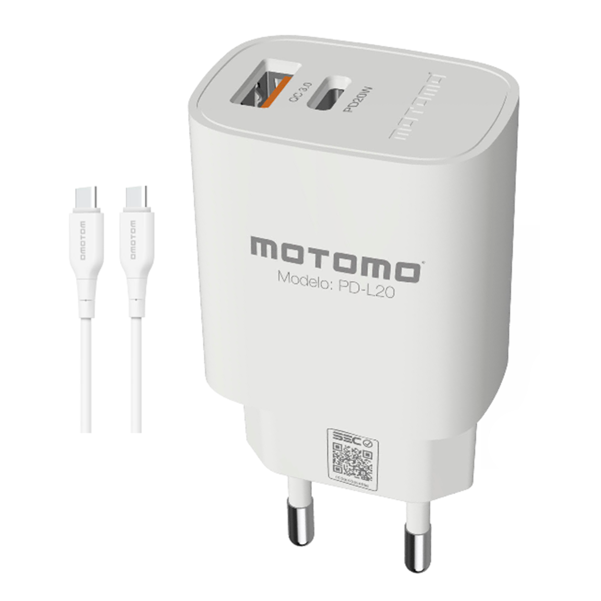 Cargador Rápido Motomo Mo-L20 20w Dual + Cable Tipo C Blanco
