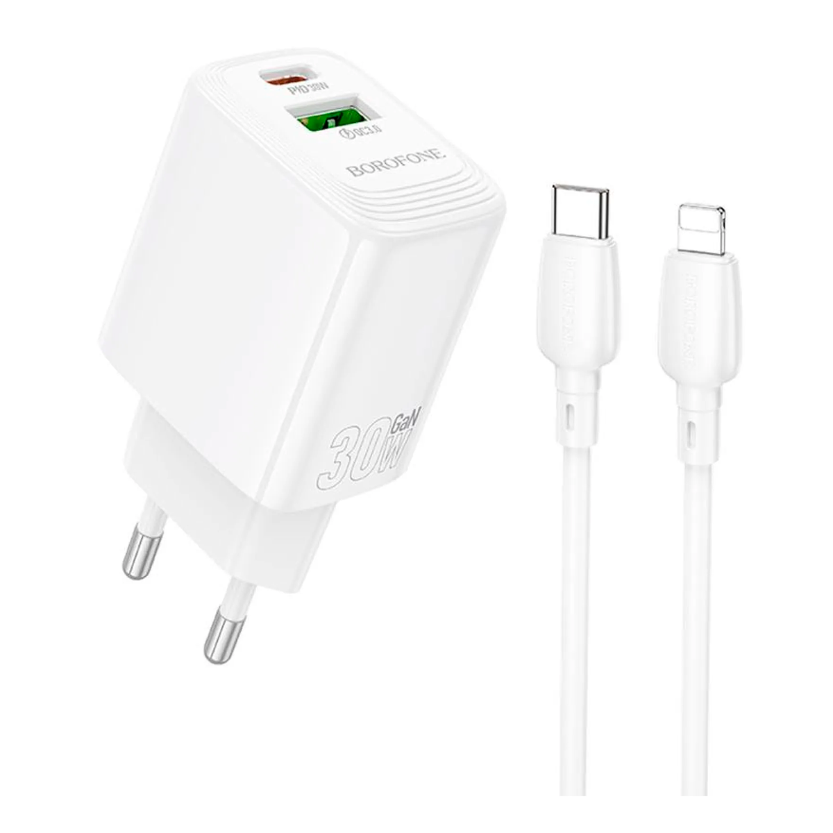 Cargador Borofone Bn29 Gan 30w Qc 3.0 Dual + Cable Para Iphone Blanco
