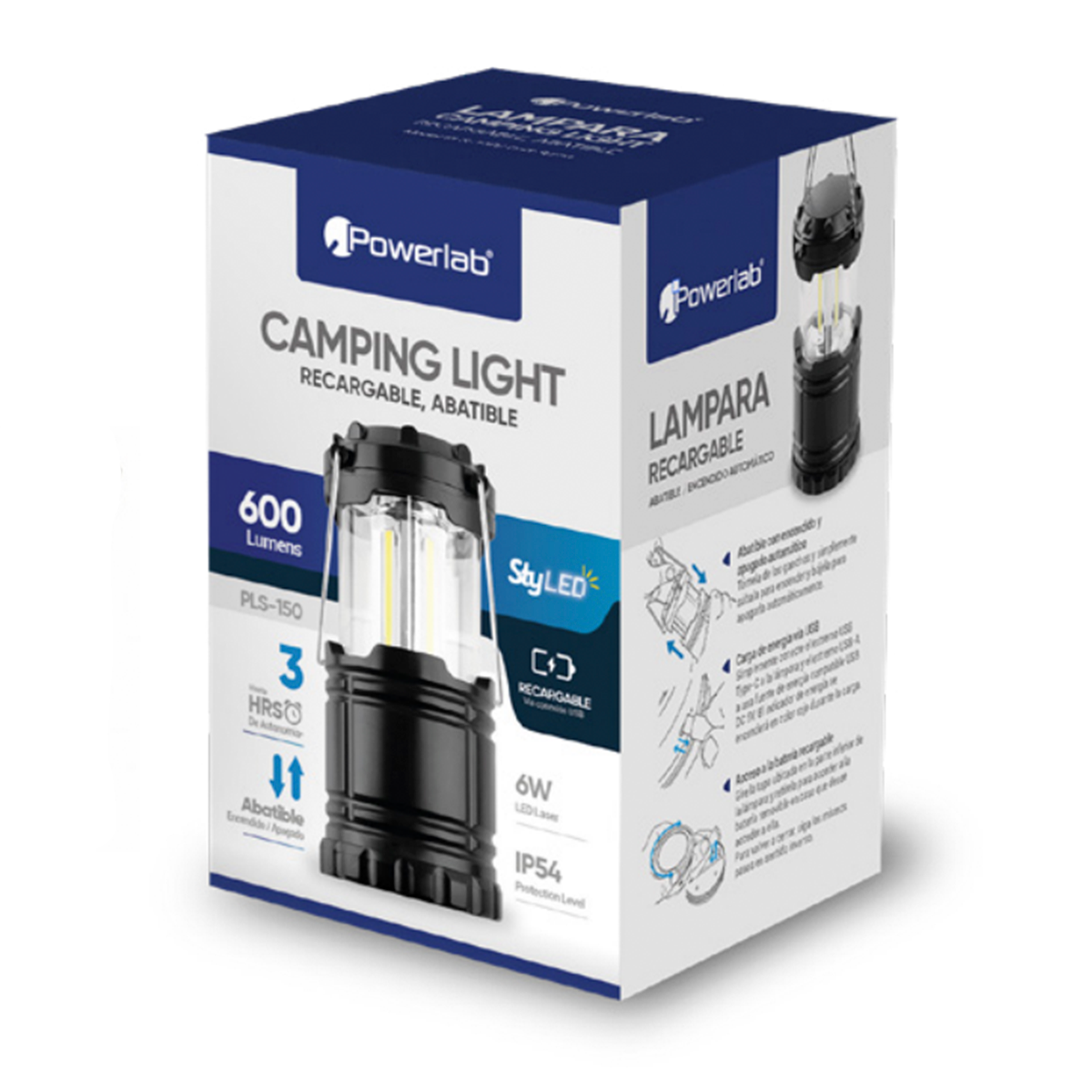 Lampara Camping Light Powerlab 9720 600 Lumen Recargable Negro