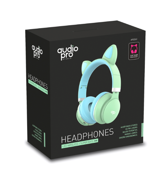 Audifonos Bluetooth Audiopro Aux Micro Sd Led Orejas Gato Verde Azul – imagen 2