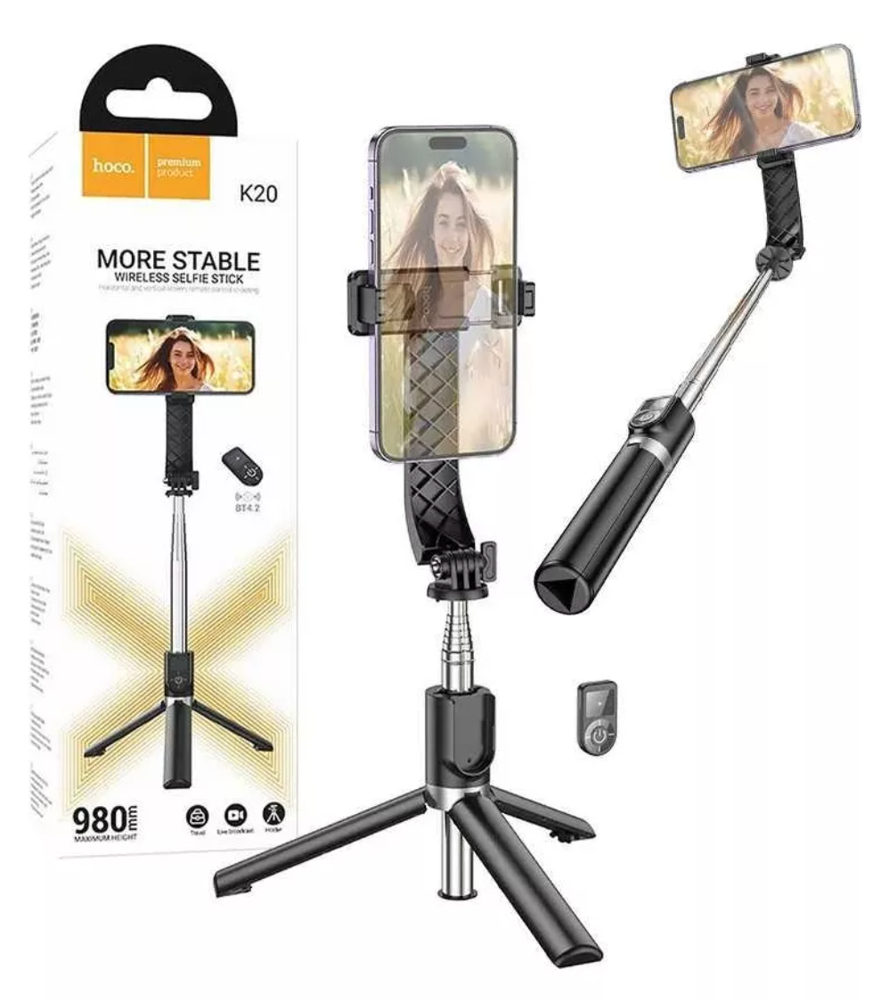 Baston Selfie Tripode Bluetooth Hoco K20 + Control Negro – imagen 3