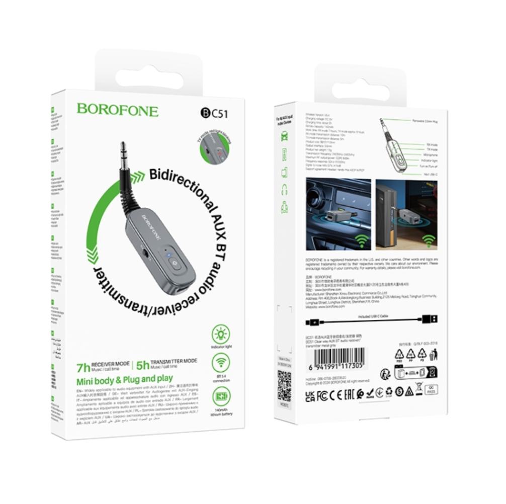 Receptor y Transmisor De Audio Bluetooth Borofone Bc51 Gris – imagen 3