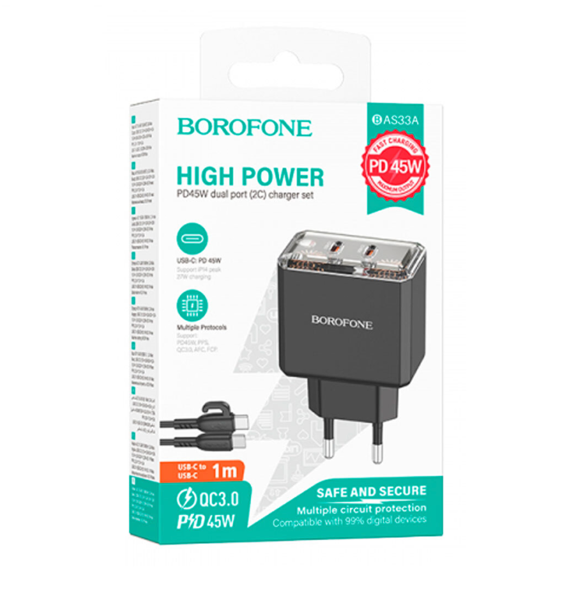 Cargador Borofone Bas33a 45w Dual Tipo C + Cable Tipo C Negro – imagen 2