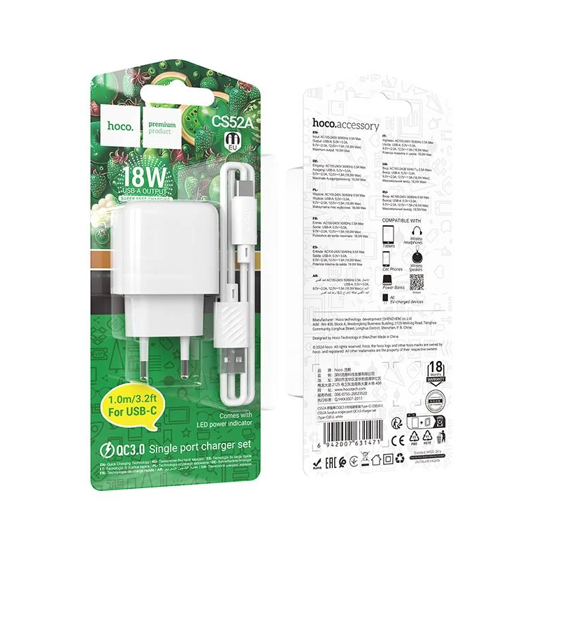 Cargador Carga Rapida Qc 3.0 Hoco Cs52a 18w + Cable Tipo C – imagen 3
