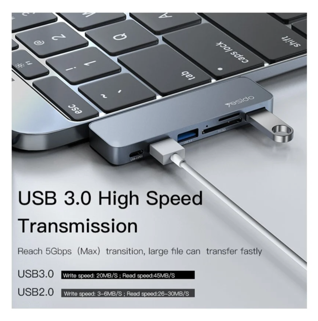 Adaptador Hub Yesido Hb10 6 En 1 Tipo C Tf Sd Usb Doble Tipo C Gris – imagen 2