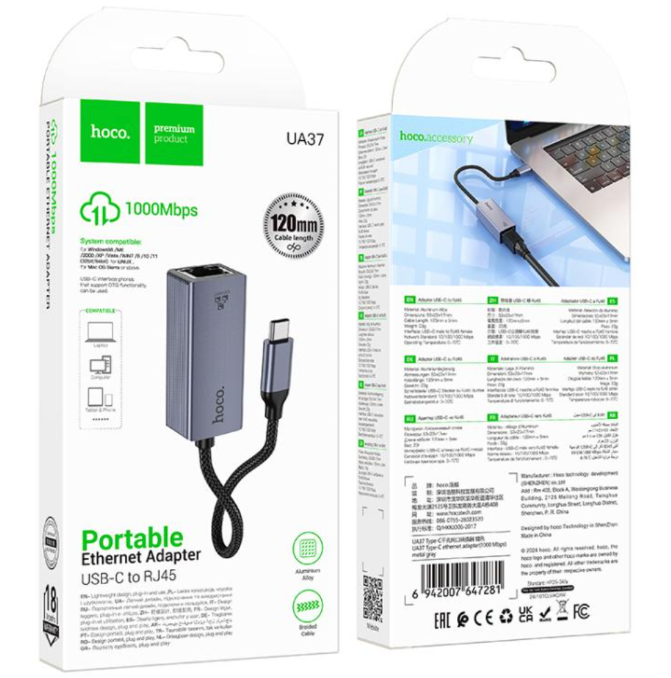 Adaptador Hub Hoco Ua37 Tipo C a Rj45 Gris – imagen 2