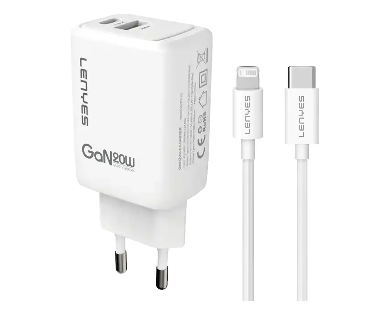 Cargador Lenyes Lch52 Gan Dual 20w + Cable Para Lightning Blanco