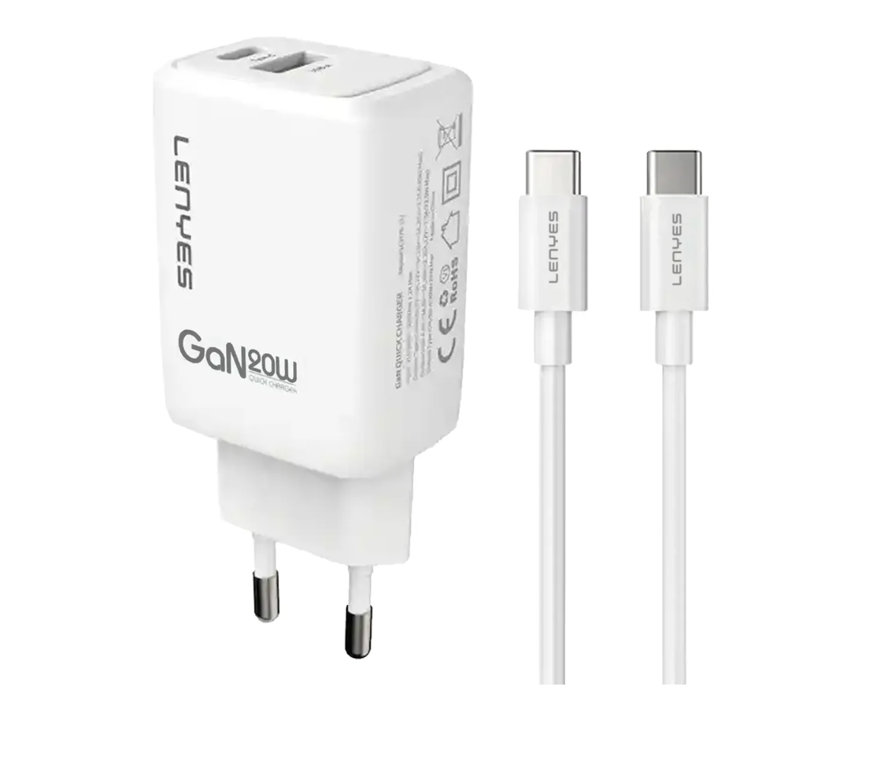 Cargador Lenyes Lch52 Gan Dual 20w + Cable Tipo C Blanco