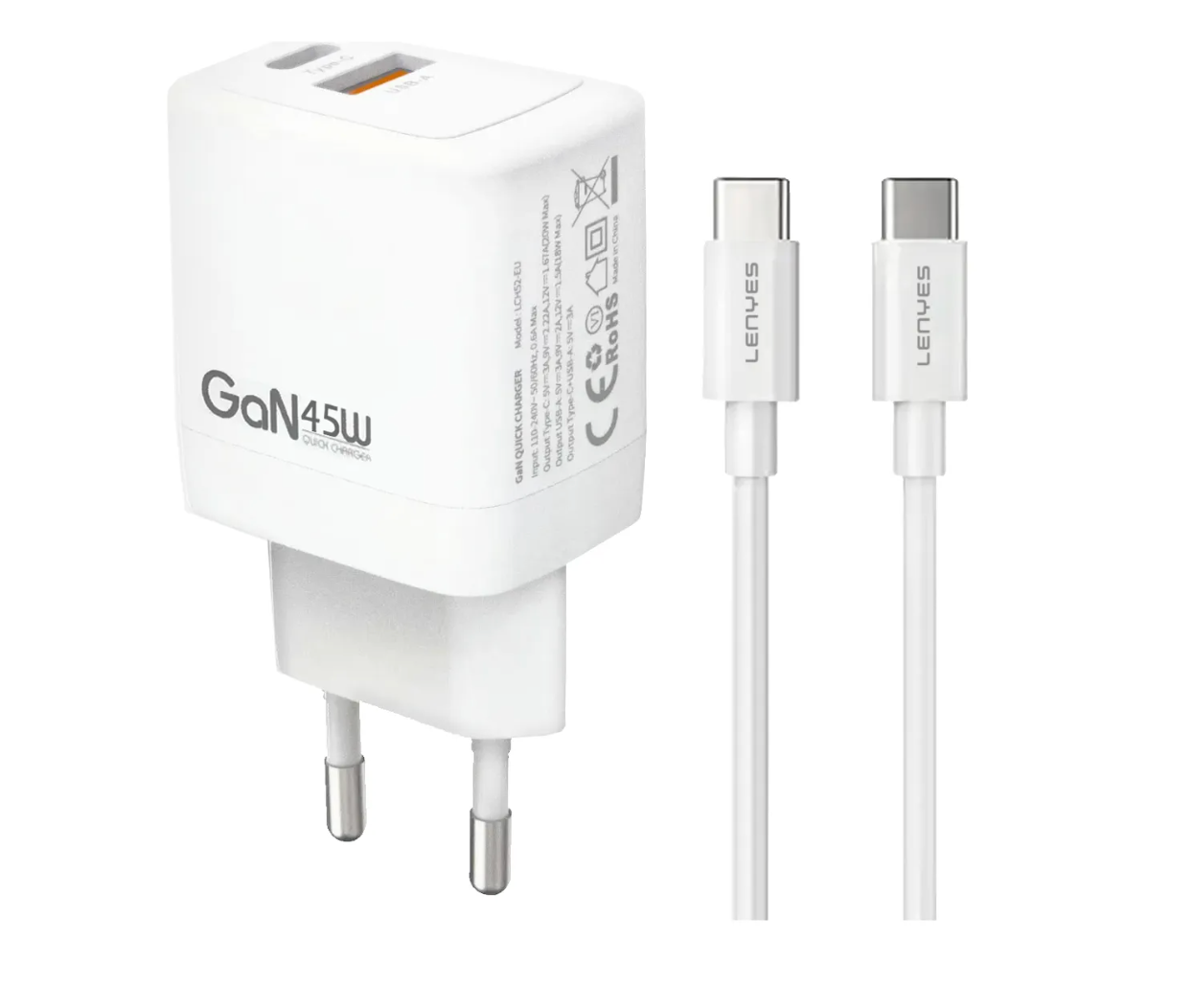 Cargador Lenyes Lch76 Gan Dual 45w + Cable Tipo C Blanco