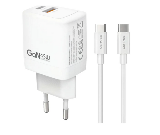 Cargador Lenyes Lch76 Gan Dual 45w + Cable Tipo C Blanco