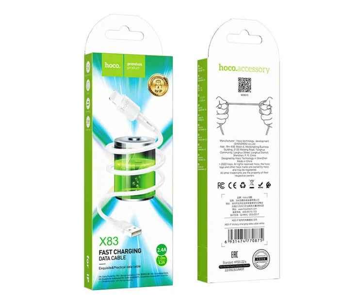 Cable Usb a Lightning Hoco X83 Victory 1 Metro Blanco – imagen 2