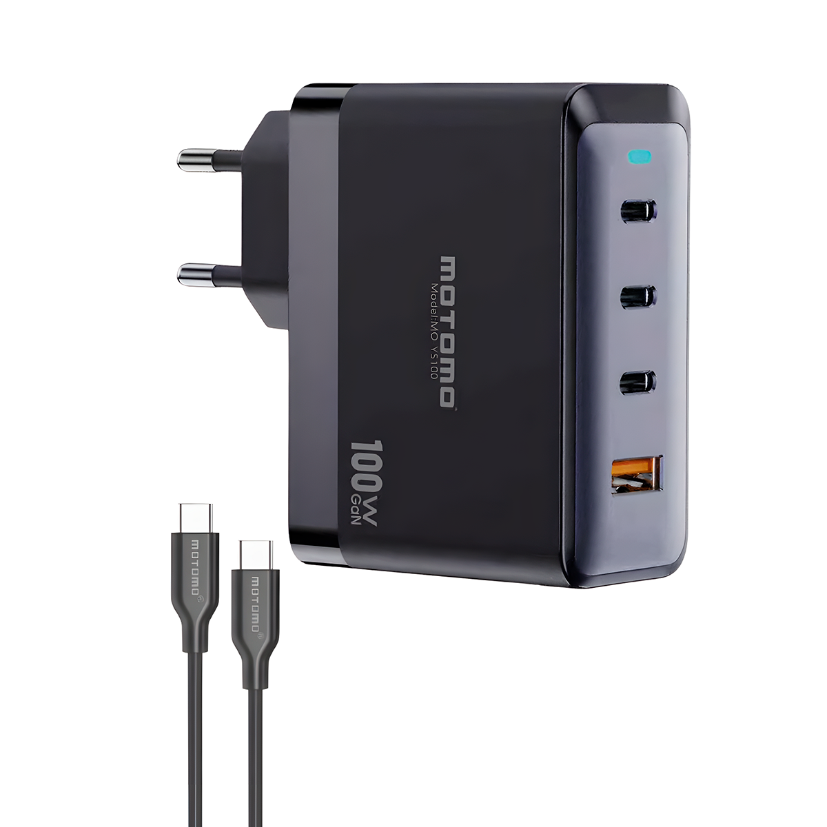 Cargador Rápido Motomo 100w Gan Cuádruple + Cable Tipo C Negro