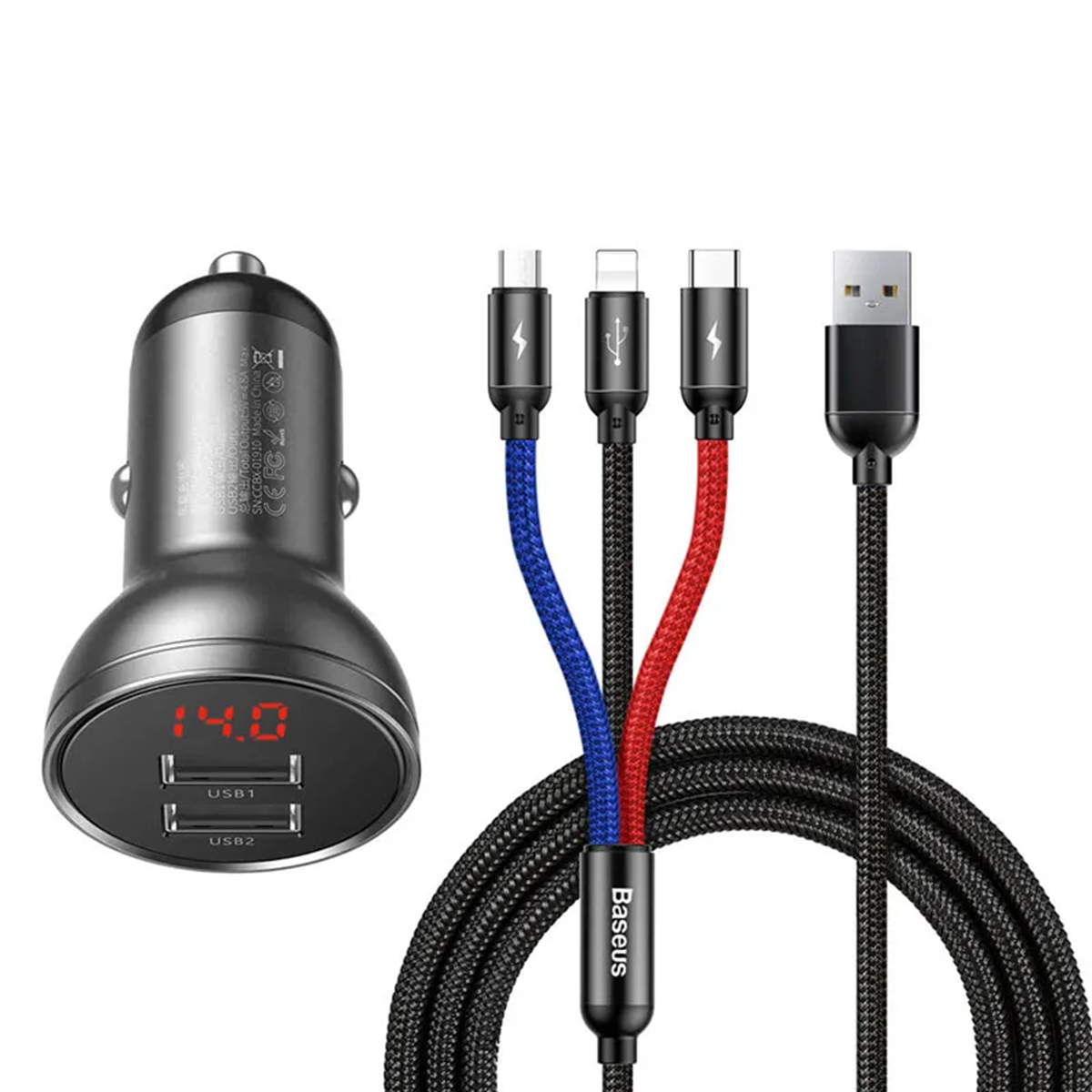 Cargador de Auto 2 Usb 4.8Amp 24W + Cable 3 en 1 Baseus Negro