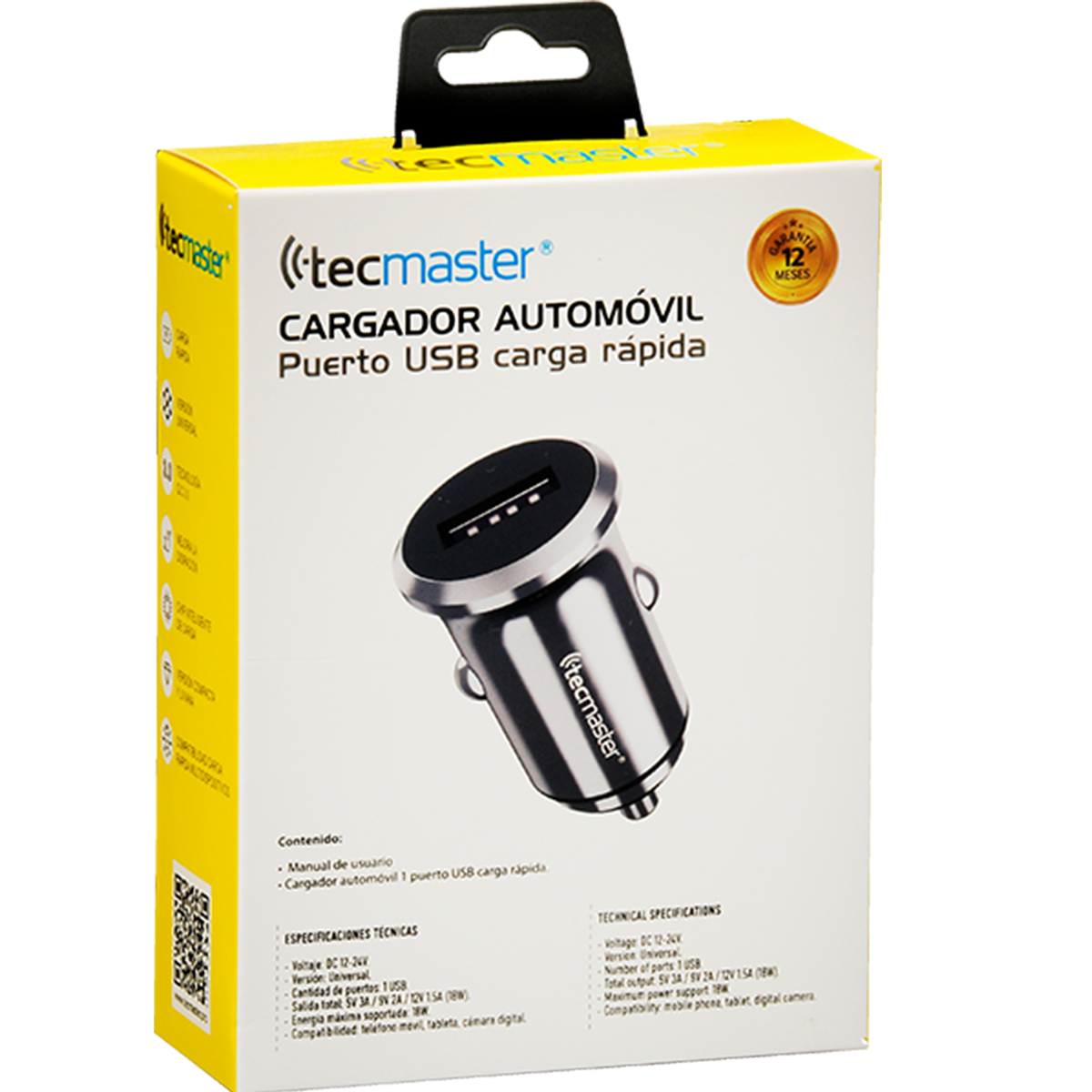 Cargador de Auto Tecmaster Qc 3.0 18w Carga Rapida Gris