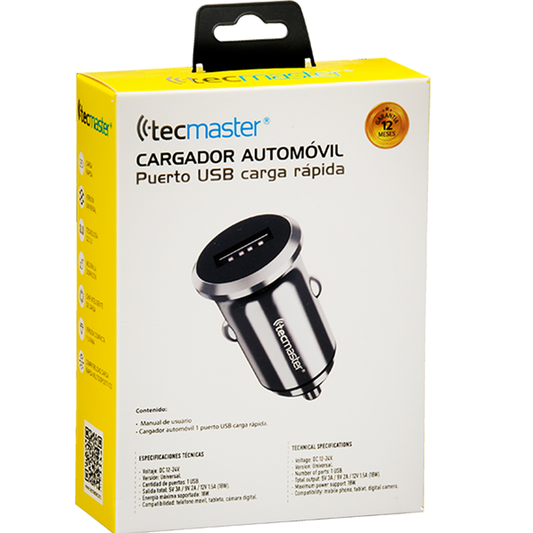 Cargador de Auto Tecmaster Qc 3.0 18w Carga Rapida Gris