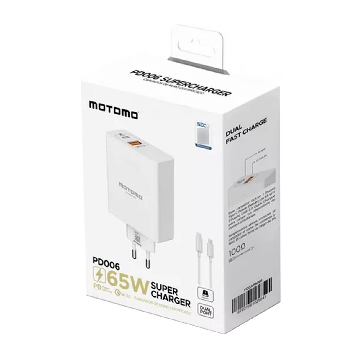 Cargador Motomo Pd006 65w Carga Rapida + Cable Tipo C Blanco – imagen 2