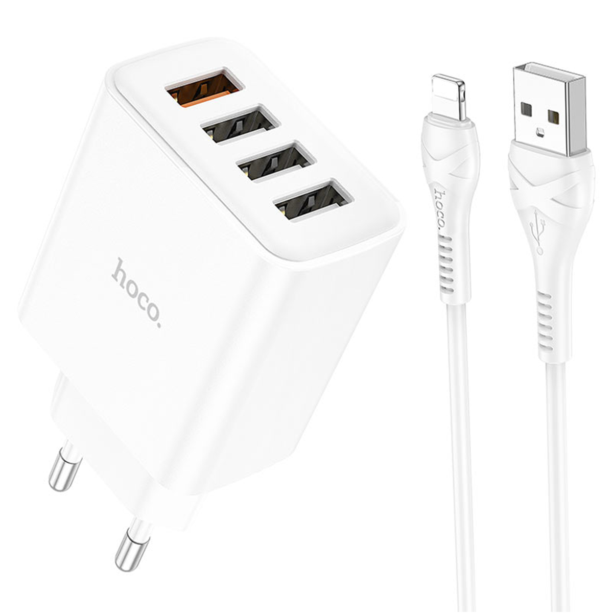 Cargador Hoco C102A 18w QC3.0 4 Puertos + Cable Lightning Blanco