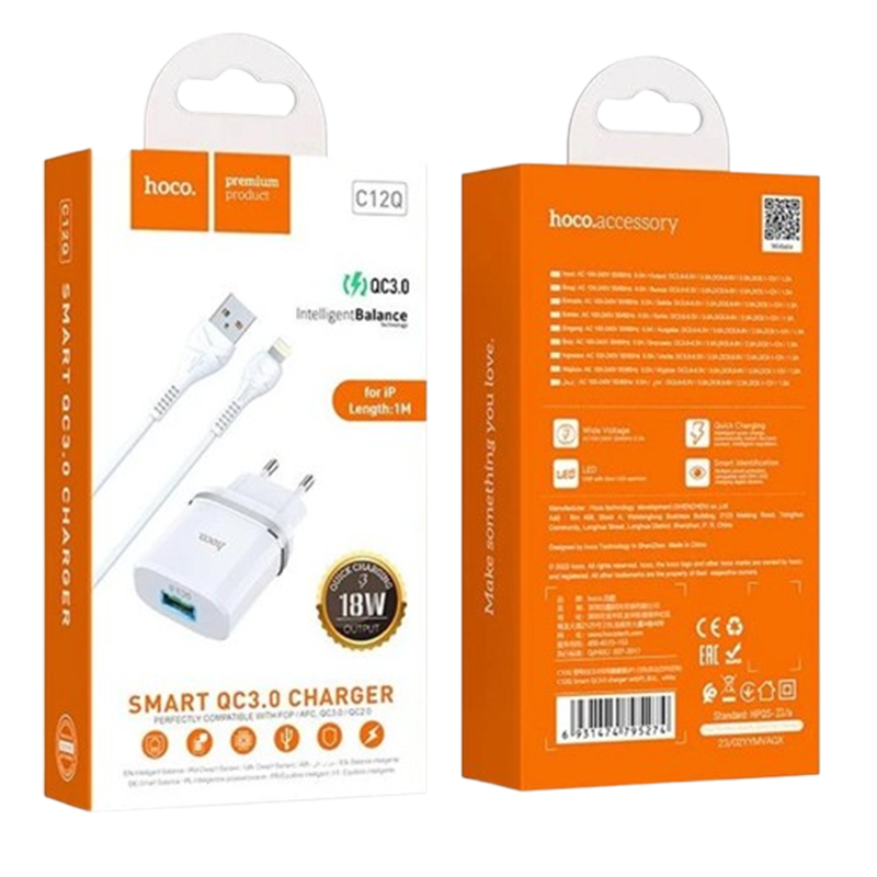 Cargador Hoco C12Q 18w QC3.0 + Cable Para Lightning Blanco – imagen 2