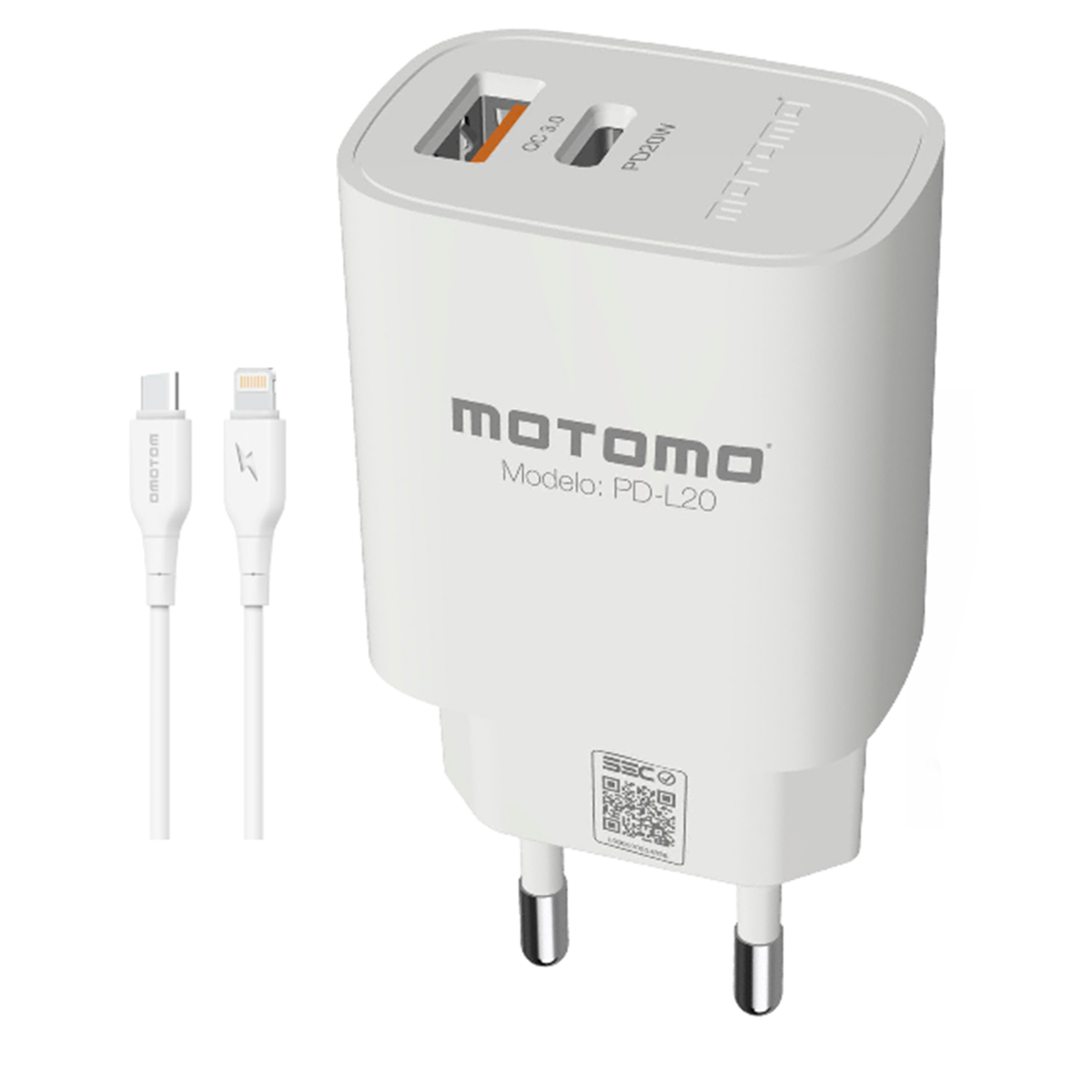 Cargador Rápido Motomo Mo-L20 20w Dual + Cable Para Lightning Blanco