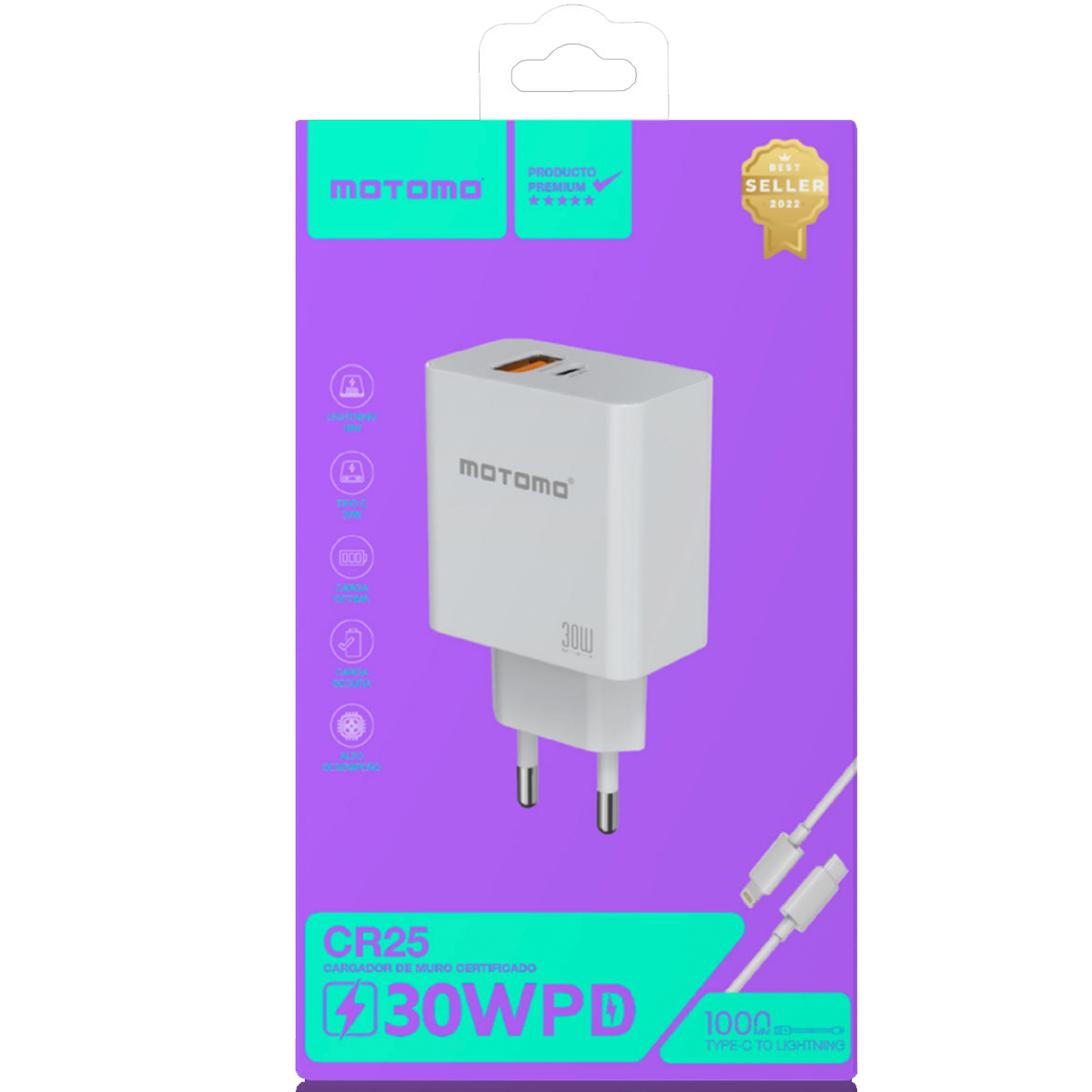 Cargador Rápido Motomo Cr25 30w + Cable Lightning Blanco