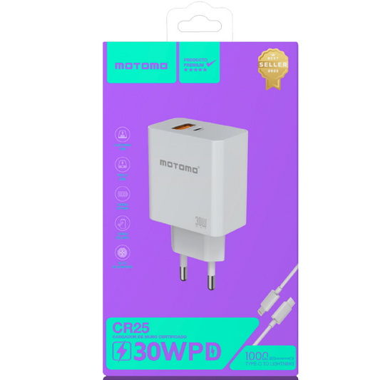 Cargador Rápido Motomo Cr25 30w + Cable Lightning Blanco
